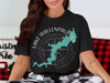 Black t-shirt with Lake Wallenpaupack Pennsylvania map and compass design.