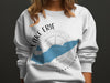 White crewneck sweatshirt with Lake Erie map, compass, and text.