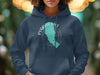 Dark blue hoodie with Pyramid Lake, Nevada map graphic and compass design.