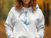 White hoodie with blue Perry Lake and Kansas map graphic and compass rose.