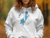 White hoodie featuring "Lake Onota Massachusetts" with a blue map graphic and compass rose.