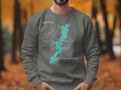 Dark gray sweatshirt with a teal map outline of Oologah Lake, Oklahoma.