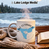 White mug with Lake Cuyamaca, California map and compass design.