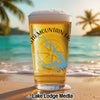 Glass of beer on beach with "North Mountain Lake Virginia" design and compass.