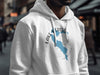 White hoodie with blue Lake Merced map and compass graphic, California.