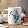 White mug with Badin Lake map and compass design, North Carolina.