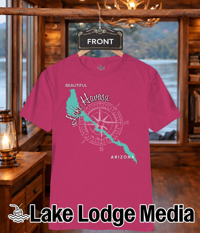 Pink t-shirt with a compass rose map of Lake Havasu, Arizona.