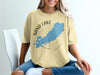 Yellow t-shirt with Sand Lake Ontario map and compass graphic.