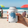 Can cooler with Lake Hefner map and "OKLAHOMA" text held at the beach.