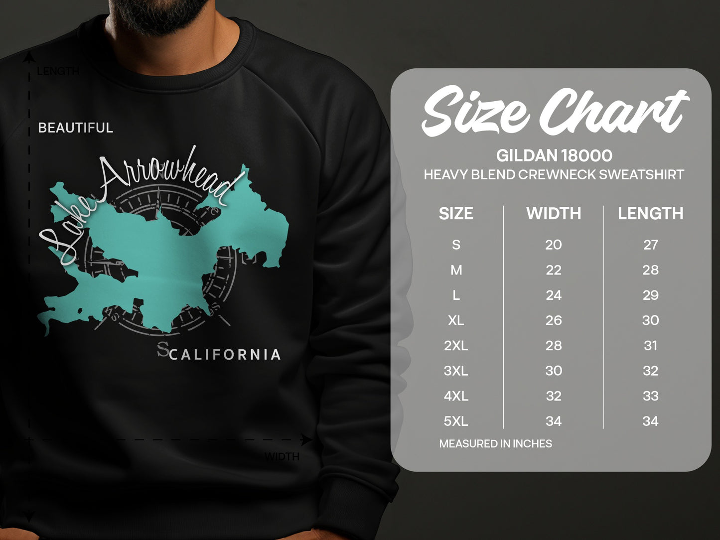 Sweatshirt size chart for Gildan 18000 crewneck, with California map graphic.