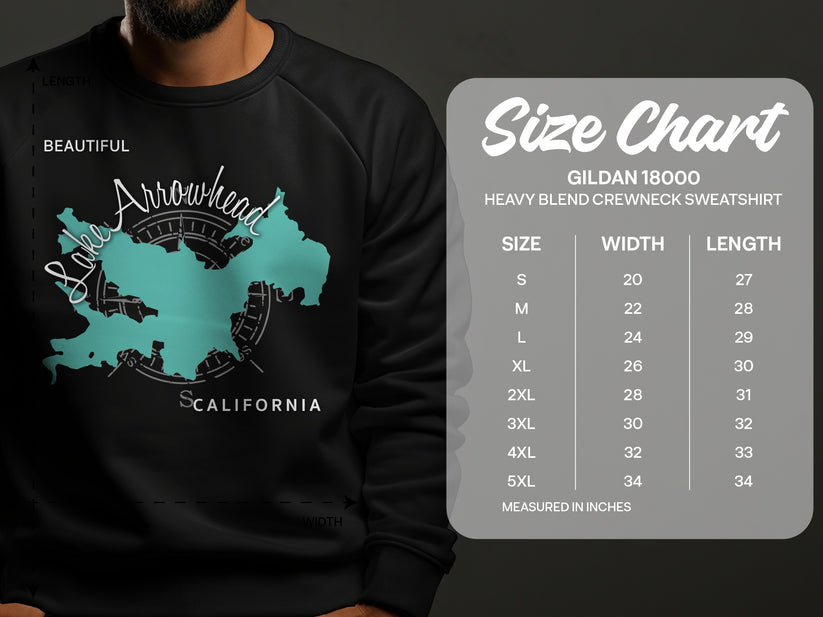 Sweatshirt size chart for Gildan 18000 crewneck, with California map graphic.
