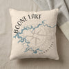 Boone Lake Tennessee map design on a textured cream pillow with a compass rose.
