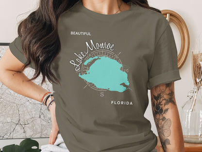 T-shirt featuring a teal map of Lake Monroe, Florida.