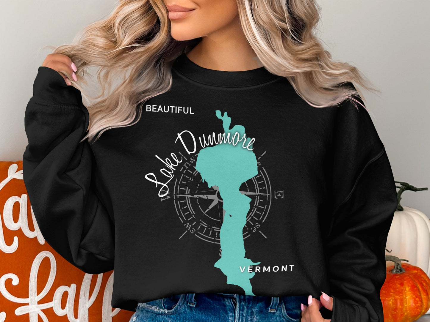 Black sweatshirt with "Beautiful Lake Dunmore Vermont" map and compass design.