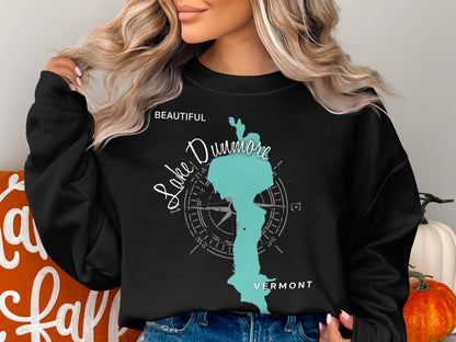 Black sweatshirt with "Beautiful Lake Dunmore Vermont" map and compass design.