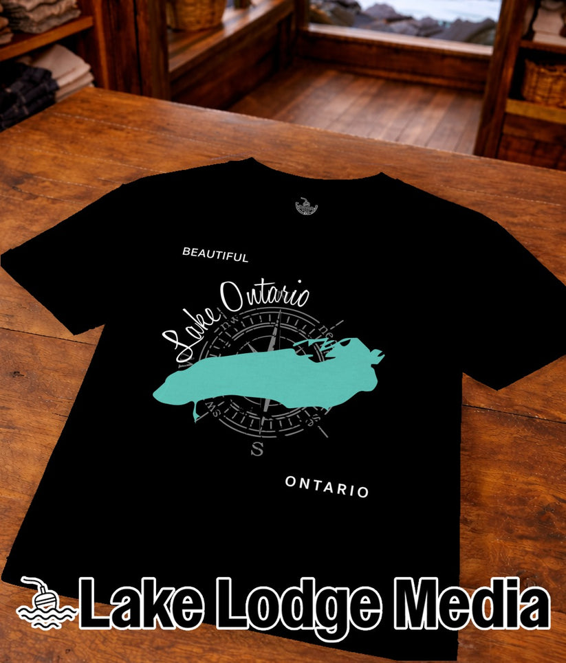 Black t-shirt with "Beautiful Lake Ontario" text and compass graphic.