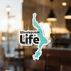 Winnisquam Lake Life sticker with teal lake outline and black lettering.