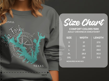 Lake Fork Texas sweatshirt size chart with comfort colors 1566 details.