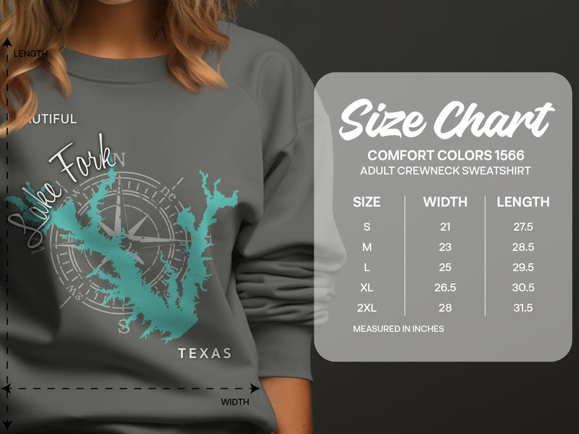 Lake Fork Texas sweatshirt size chart with comfort colors 1566 details.
