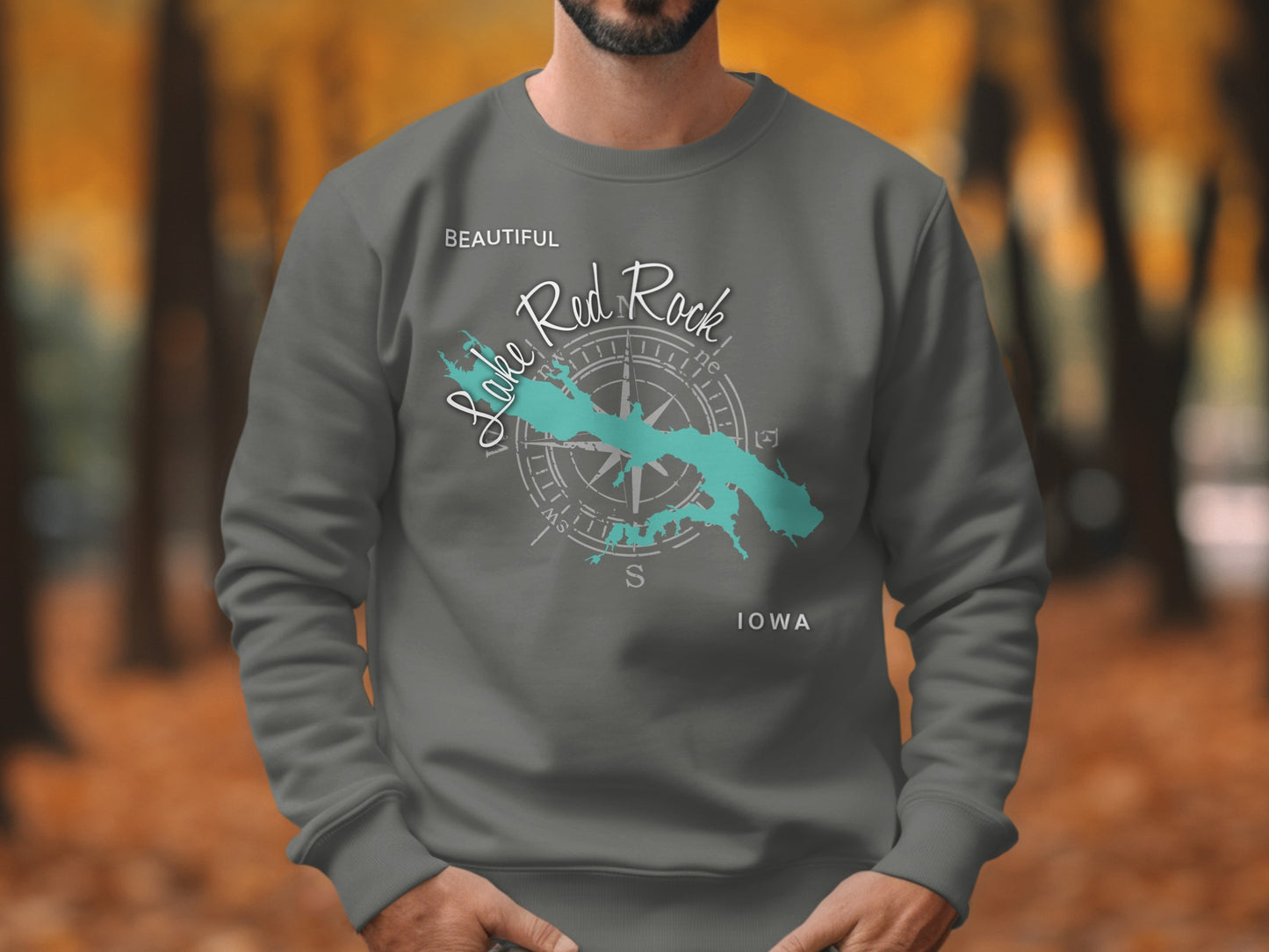 Grey sweatshirt with Lake Red Rock Iowa map and compass design.