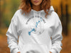 White hoodie with Tenkiller Ferry Lake Oklahoma map and compass graphic.