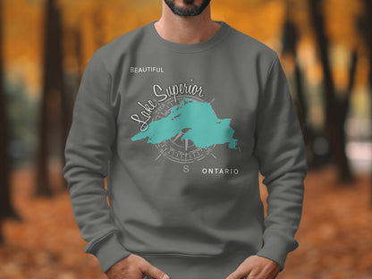 Grey sweatshirt with Lake Superior outline and "Beautiful Ontario" text.