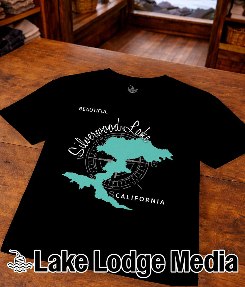 Black t-shirt with a teal map of Silverwood Lake, California.
