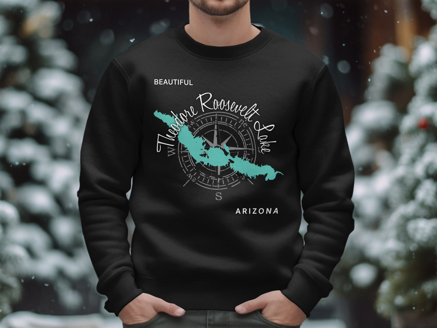 Black sweatshirt with a teal map and compass graphic of Theodore Roosevelt Lake, Arizona.