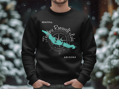 Black sweatshirt with a teal map and compass graphic of Theodore Roosevelt Lake, Arizona.