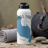 White water bottle with blue lake map design and text.