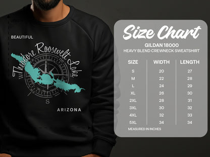 Gildan 18000 sweatshirt size chart with Theodore Roosevelt Lake graphic.
