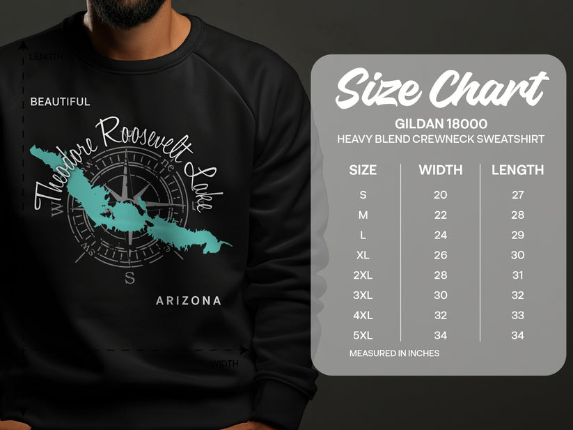 Gildan 18000 sweatshirt size chart with Theodore Roosevelt Lake graphic.
