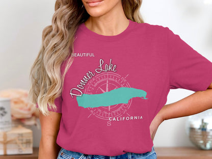 Pink t-shirt with "Donner Lake California" and a compass rose graphic.