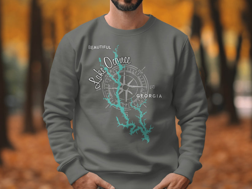 Gray sweatshirt with "Beautiful Lake Oconee Georgia" and compass graphic.
