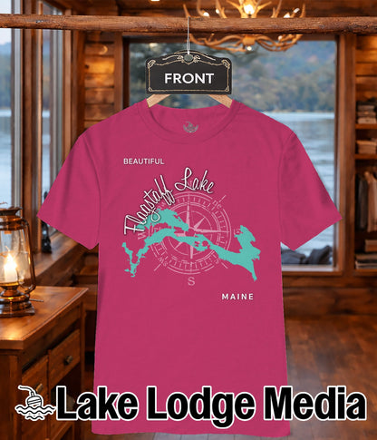 Magenta t-shirt with compass rose and "Flagstaff Lake Maine" graphic.