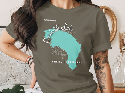 Teal map silhouette of Cariboo Lake, British Columbia on a grey t-shirt.