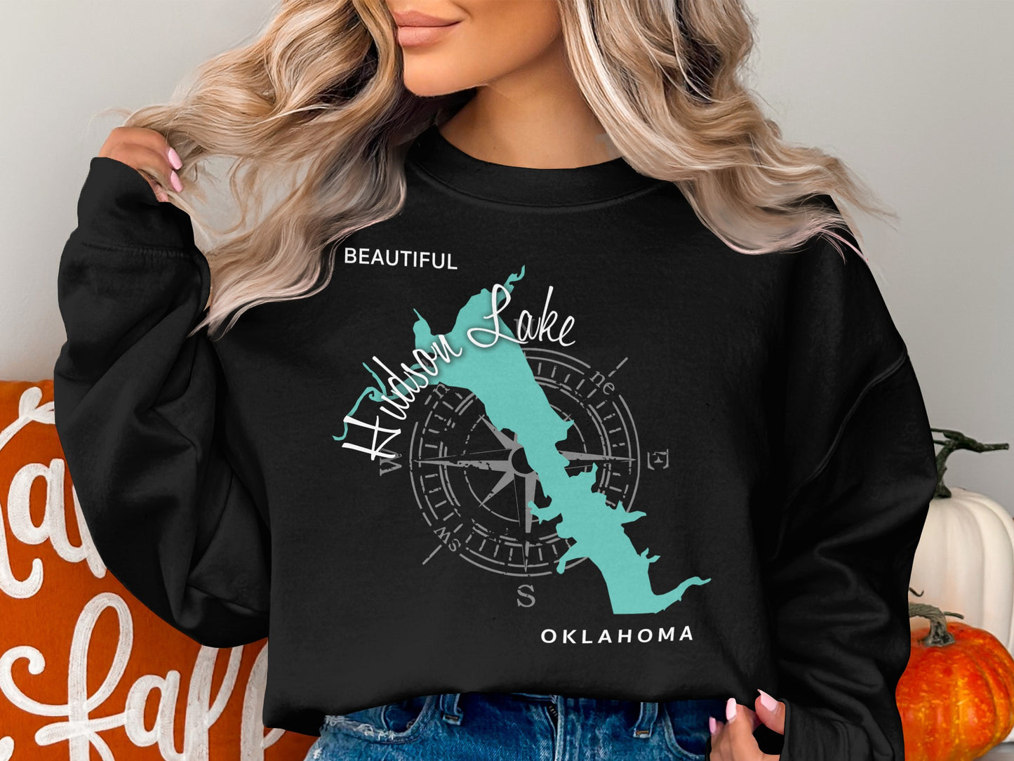 Kidson Lake Oklahoma map graphic on black crewneck sweatshirt.