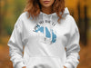 White hoodie with blue Lake Wawasee Indiana map graphic and compass design.