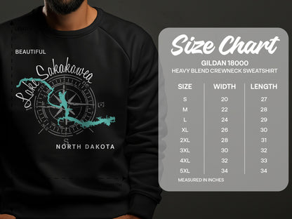 Gildan 18000 sweatshirt size chart with Lake Sakakawea graphic.