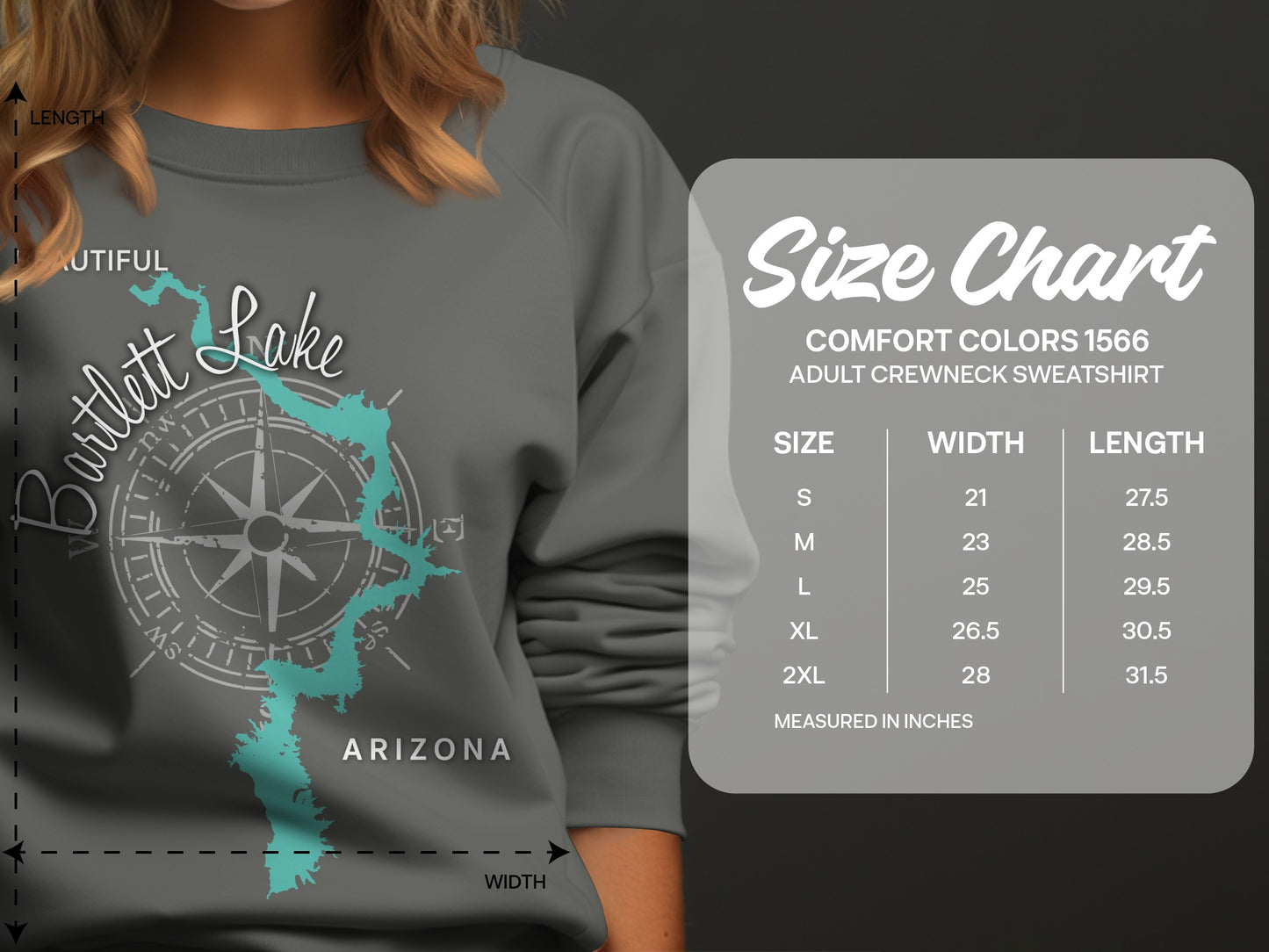 Size chart for Bartlett Lake Arizona adult crewneck sweatshirt.