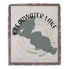 Clearwater Lake Minnesota map design woven blanket with fringed edges.