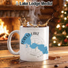 White mug with Forest Lake, Minnesota map and compass design.