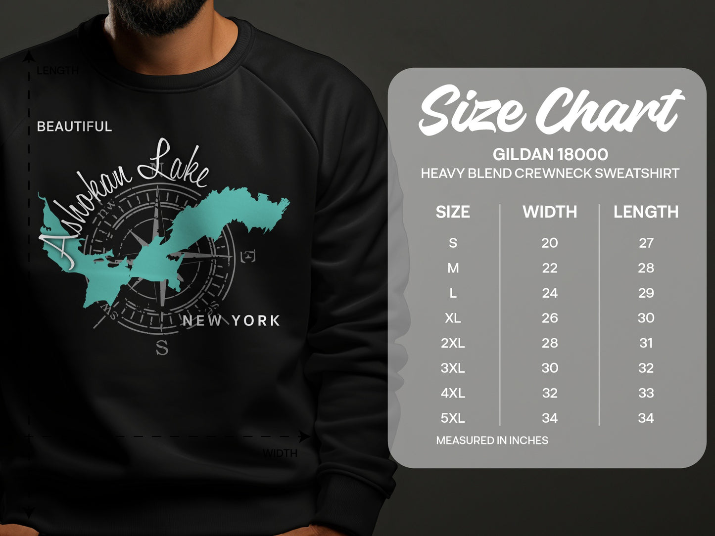 Black sweatshirt with Shokan Lake map design and size chart.