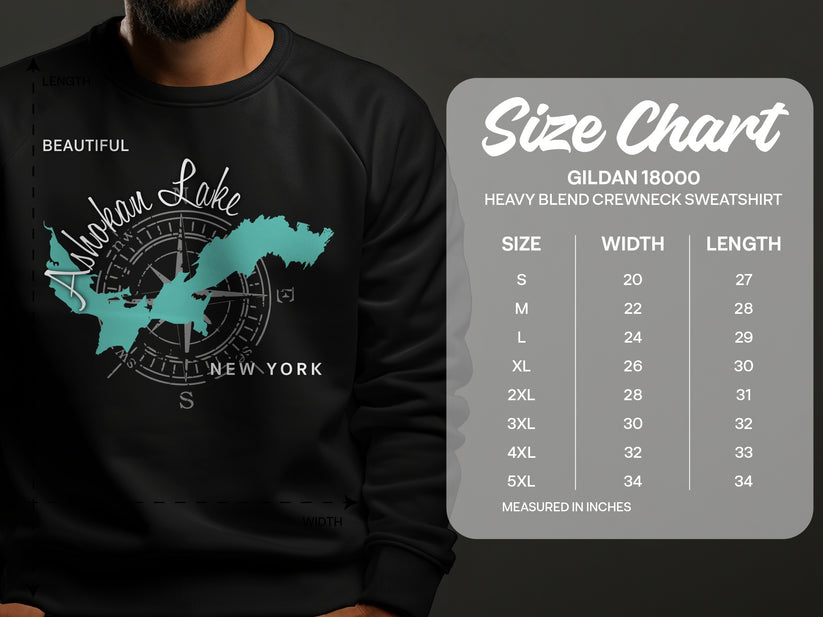 Black sweatshirt with Shokan Lake map design and size chart.