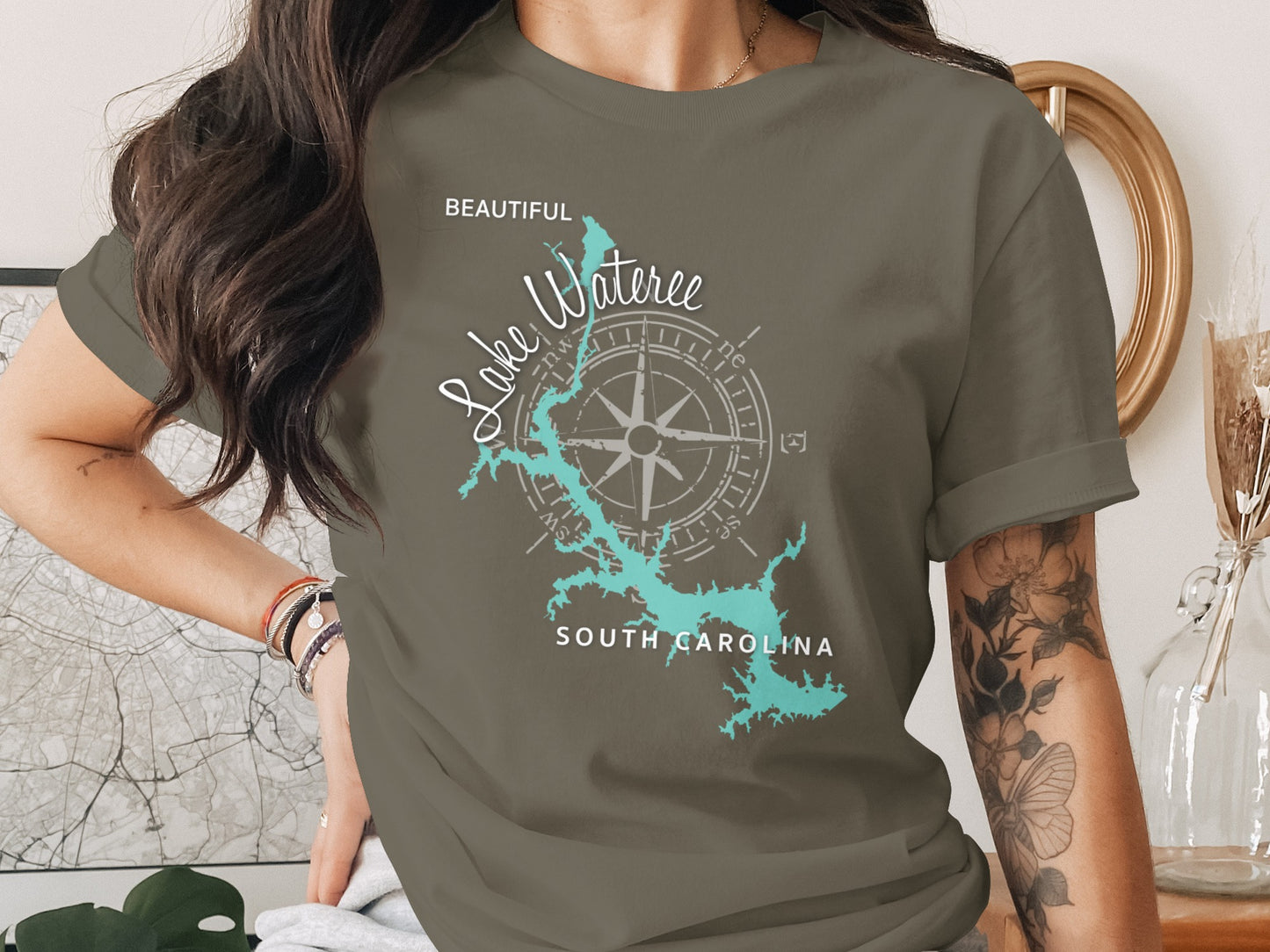 T-shirt with Lake Wateree map and compass graphic.