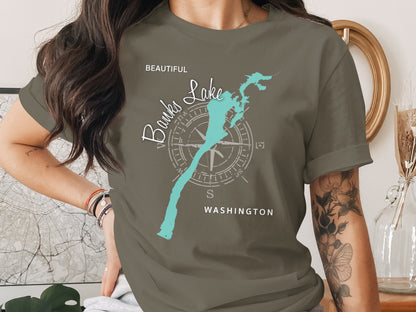 T-shirt featuring a teal map of Banks Lake, Washington, with compass rose.