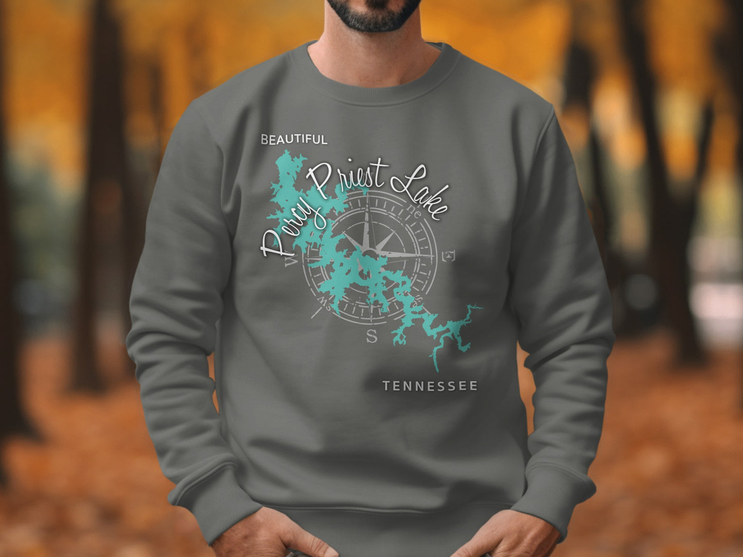 Grey sweatshirt featuring a teal map of Percy Priest Lake, Tennessee.