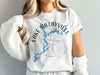 White t-shirt with "Lake Shelbyville Illinois" encircling a blue lake map and compass.