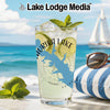 Tall glass with "CHURIK LAKE OKLAHOMA" map design on beach background.