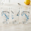 Three clear pint glasses with "Deep Creek Lake Maryland" text and blue map design.